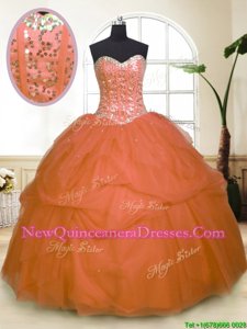 Orange Sleeveless Floor Length Sequins and Pick Ups Zipper 15th Birthday Dress