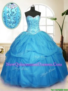 Luxurious Sequins Pick Ups Floor Length Ball Gowns Sleeveless Baby Blue 15th Birthday Dress Lace Up