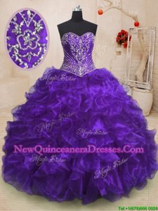 Stylish Sleeveless With Train Beading and Ruffles Lace Up Sweet 16 Quinceanera Dress with Purple Sweep Train