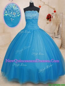 Artistic Strapless Sleeveless Quinceanera Gown Floor Length Beading Light Blue Tulle