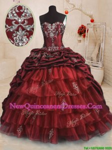 Great Wine Red Sleeveless Sweep Train Beading and Appliques and Ruffled Layers and Pick Ups With Train Ball Gown Prom Dress