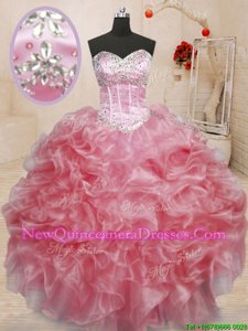 Amazing Sleeveless Floor Length Beading Lace Up Quinceanera Gown with Baby Pink