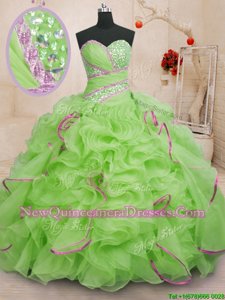 Sweet Spring Green Lace Up Sweetheart Beading and Ruffles Ball Gown Prom Dress Organza Sleeveless Brush Train