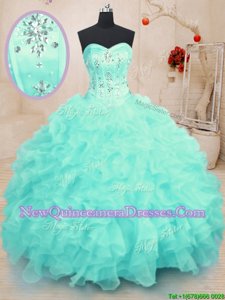 Adorable Turquoise Sleeveless Organza Lace Up Quinceanera Gown for Military Ball and Sweet 16 and Quinceanera