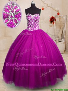 Unique Sweetheart Sleeveless Quince Ball Gowns Floor Length Beading Fuchsia Tulle