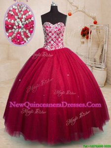 Beading 15 Quinceanera Dress Red Lace Up Sleeveless Floor Length