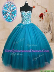 Modern Teal Tulle Lace Up Sweetheart Sleeveless Floor Length Sweet 16 Dresses Beading