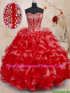Luxurious Ball Gowns Vestidos de Quinceanera Red Sweetheart Organza Sleeveless Floor Length Lace Up