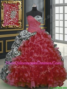 Shining Printed Beading and Ruffles and Pattern Ball Gown Prom Dress Multi-color Lace Up Sleeveless With Brush Train