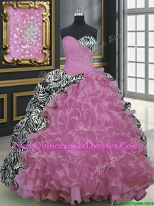 Charming Spring and Summer and Fall and Winter Organza and Printed Sleeveless With Train Sweet 16 Quinceanera Dress Brush Train andBeading and Ruffles and Pattern