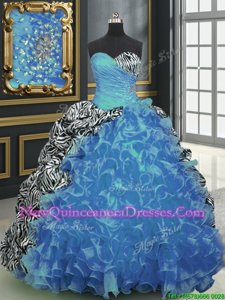 Spectacular Printed Multi-color Lace Up Quinceanera Dress Beading and Ruffles and Pattern Sleeveless With Brush Train