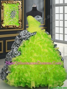 Super Sweetheart Sleeveless Organza and Printed Quinceanera Dress Beading and Ruffles and Pattern Brush Train Lace Up