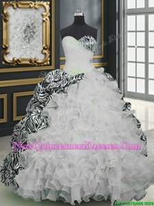 Pretty Printed Sleeveless With Train Beading and Ruffles and Pattern Lace Up Sweet 16 Quinceanera Dress with White And Black Brush Train