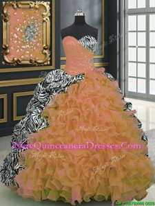 Multi-color Lace Up Sweetheart Beading and Ruffles and Pattern Quinceanera Dress Organza and Printed Sleeveless Brush Train