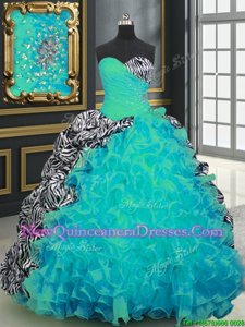 Multi-color Sleeveless Organza and Printed Brush Train Lace Up 15th Birthday Dress for Military Ball and Sweet 16 and Quinceanera