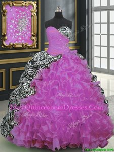 Sweetheart Sleeveless Sweet 16 Quinceanera Dress With Brush Train Beading and Ruffles and Pattern Multi-color Organza and Printed