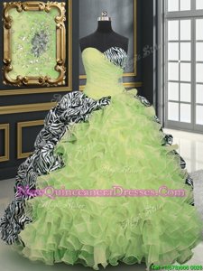 Sexy Printed Sleeveless Brush Train Lace Up With Train Beading and Ruffles and Pattern Quinceanera Dresses