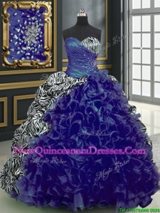 Clearance Printed With Train Lace Up Sweet 16 Dress Multi-color and In for Military Ball and Sweet 16 and Quinceanera withBeading and Ruffles and Pattern