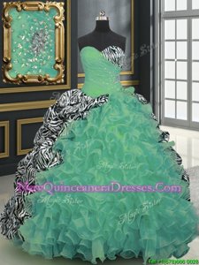 Printed Multi-color Lace Up Ball Gown Prom Dress Beading and Ruffles and Pattern Sleeveless With Brush Train