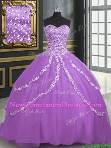 Customized Lavender Tulle Lace Up Sweetheart Sleeveless With Train Sweet 16 Dresses Brush Train Beading and Appliques