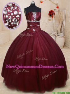 Smart Burgundy Sleeveless Tulle Lace Up Sweet 16 Dresses for Military Ball and Sweet 16 and Quinceanera