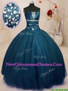 High Quality Navy Blue Lace Up Quinceanera Gowns Beading Sleeveless Floor Length