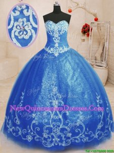 Floor Length Lace Up 15 Quinceanera Dress Blue and In for Military Ball and Sweet 16 and Quinceanera withBeading and Appliques