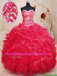 Exceptional Sweetheart Sleeveless Quinceanera Gowns Floor Length Beading and Ruffles and Sequins Coral Red Organza