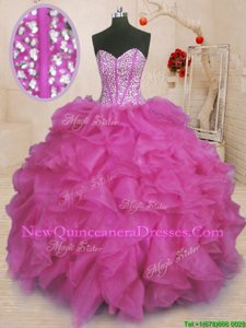 Romantic Fuchsia Sweetheart Neckline Beading and Ruffles Quince Ball Gowns Sleeveless Lace Up