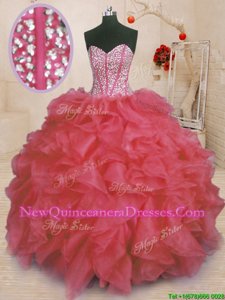 Unique Coral Red Ball Gowns Beading and Ruffles Quinceanera Dress Lace Up Organza Sleeveless Floor Length