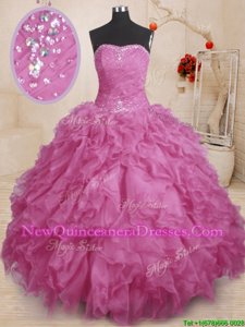 Fine Sleeveless Organza Floor Length Lace Up Sweet 16 Dresses inLilac withBeading and Ruffles and Ruching