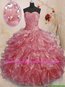 Superior Watermelon Red Lace Up Quinceanera Gown Beading and Ruffles Sleeveless Floor Length