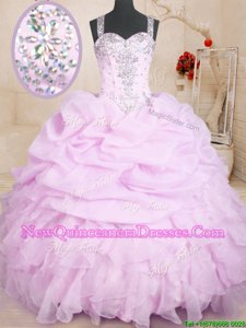 Lilac Organza Lace Up Vestidos de Quinceanera Sleeveless Floor Length Beading and Ruffles and Pick Ups