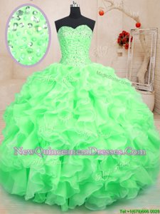 Popular Green Organza Lace Up 15th Birthday Dress Sleeveless Floor Length Beading and Ruffles