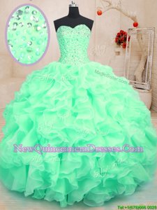 Unique Apple Green Sweetheart Lace Up Beading and Ruffles Ball Gown Prom Dress Sleeveless