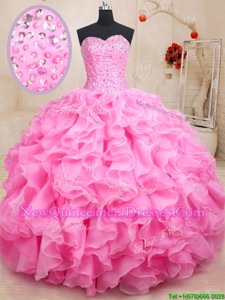 Low Price Rose Pink Ball Gowns Beading and Ruffles Quinceanera Gowns Lace Up Organza Sleeveless Floor Length