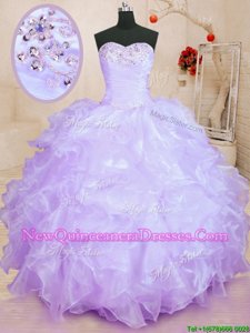 Delicate Lavender Ball Gowns Organza Sweetheart Sleeveless Beading and Ruffles Floor Length Lace Up Quinceanera Dresses