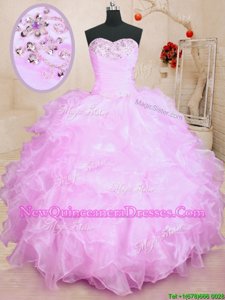 Glittering Floor Length Lilac Quince Ball Gowns Sweetheart Sleeveless Lace Up