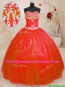 High Quality Floor Length Red 15 Quinceanera Dress Tulle and Sequined Sleeveless Spring and Summer and Fall and Winter Beading