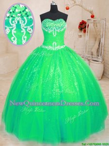 Eye-catching Green Lace Up Sweetheart Beading 15th Birthday Dress Tulle and Sequined Sleeveless
