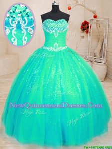 Most Popular Beading and Appliques Quinceanera Dress Turquoise Lace Up Sleeveless Floor Length