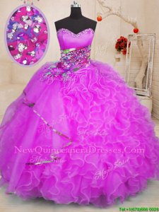 Sweet Floor Length Purple Quinceanera Gowns Organza Sleeveless Spring and Summer and Fall and Winter Beading and Ruffles