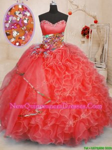 Low Price Coral Red Lace Up Sweetheart Beading and Ruffles Quince Ball Gowns Organza Sleeveless