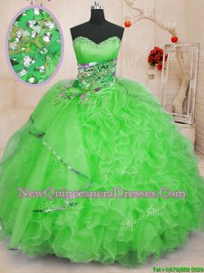 Spring Green Ball Gowns Beading and Ruffles Quince Ball Gowns Lace Up Organza Sleeveless Floor Length