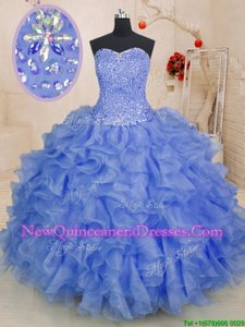 Most Popular Floor Length Purple Ball Gown Prom Dress Organza Sleeveless Spring and Summer and Fall and Winter Beading and Ruffles