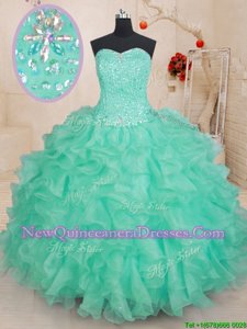 Admirable Floor Length Lace Up Ball Gown Prom Dress Apple Green and In for Military Ball and Sweet 16 and Quinceanera withBeading and Ruffles