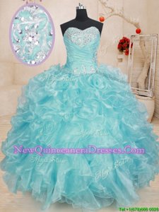 Custom Made Blue Sleeveless Floor Length Beading and Ruffles Lace Up 15 Quinceanera Dress