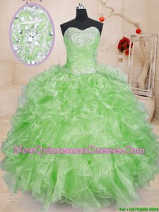 Luxurious Floor Length Spring Green 15th Birthday Dress Organza Sleeveless Spring and Summer and Fall and Winter Beading and Ruffles