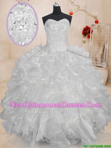 White Organza Lace Up Vestidos de Quinceanera Sleeveless Floor Length Beading and Ruffles