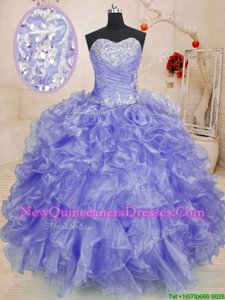 Stunning Lavender Ball Gowns Beading and Ruffles Vestidos de Quinceanera Lace Up Organza Long Sleeves Floor Length
